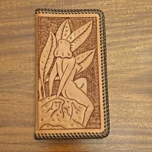 VTG Tooled Leather Lady Sunbathing Wallet Hand Crafted Checkbook Whip Stitch